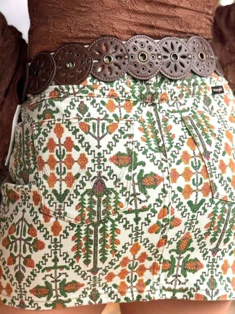 Embroidered Tapestry Mini Skirt in Green & Orange